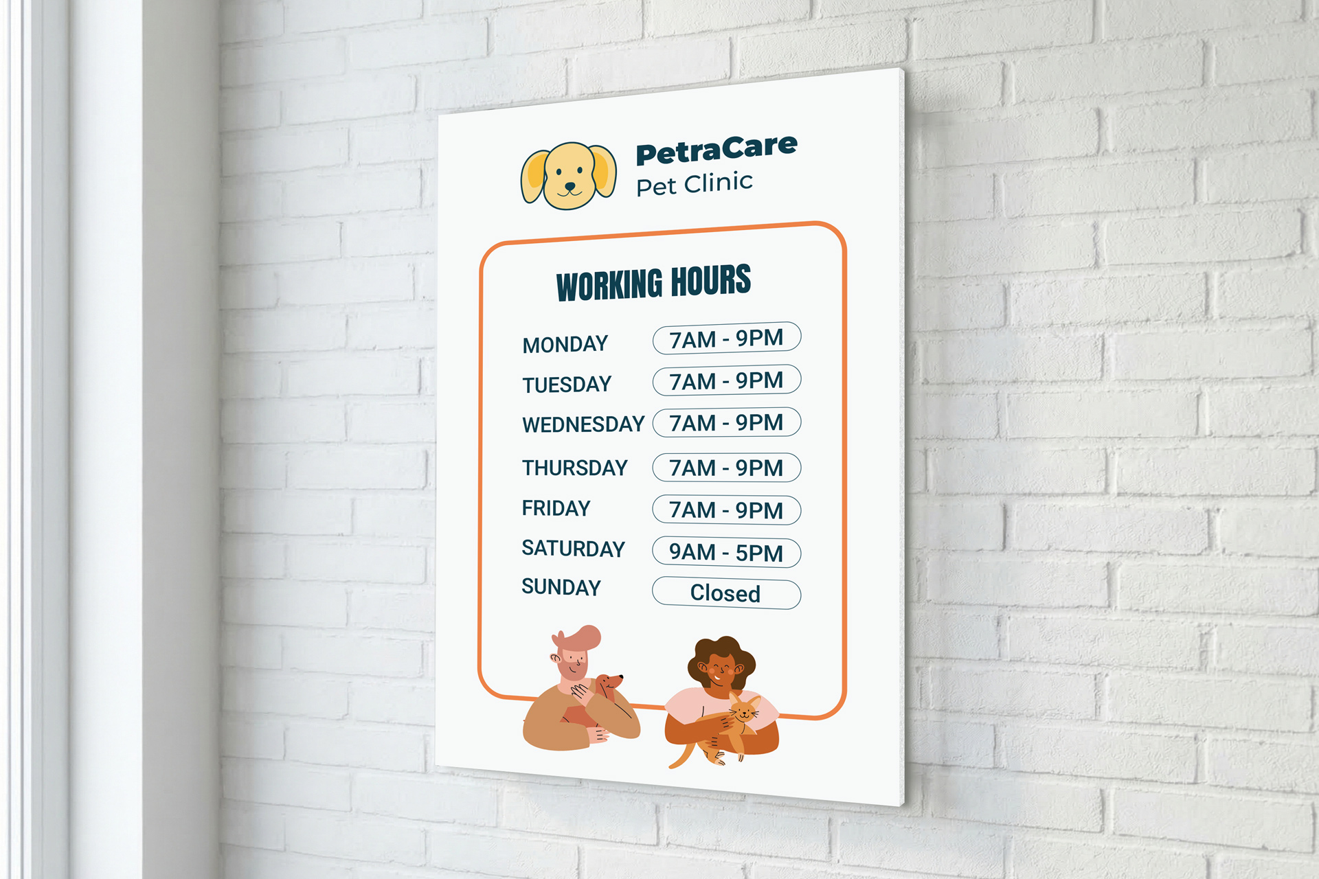 Petra Care Pet Clinic working hours on a wall-mounted foam board sign