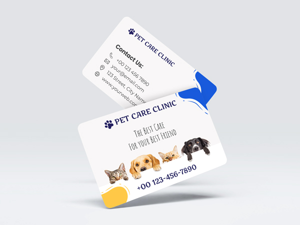 Pet care clinic plastic business cards with adorable animal imagery and contact details