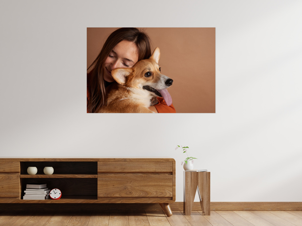 A wall decal photo of a woman hugging a corgi adhered to a wall over a desk.