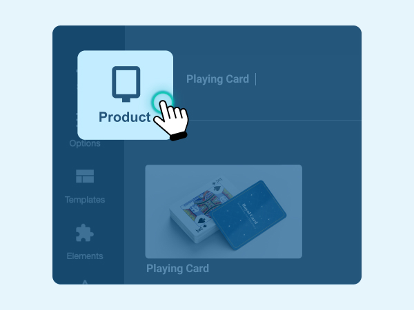 UI screenshot highlighting 'Product' selection with a cursor click, showing a playing card product