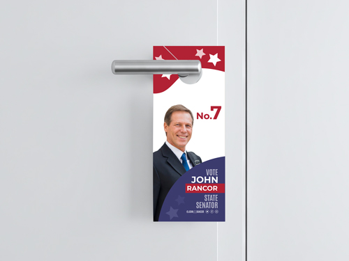 Political campaign door hanger featuring the candidate’s headshot and electoral number.