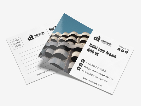 Postcard printing featuring durable architecture-themed designs for promoting design and construction services