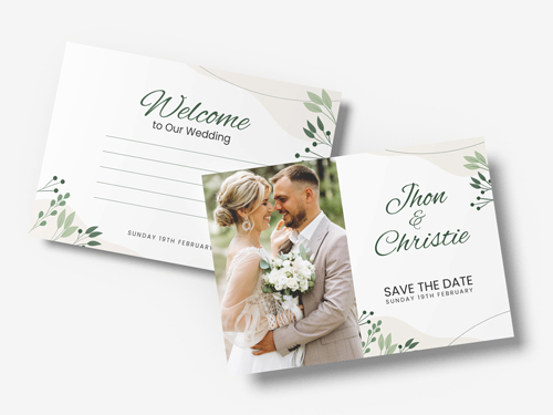 Postcard printing with a wedding theme for save-the-date and welcome messages