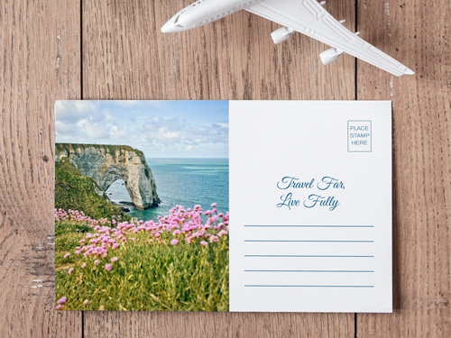 Elegant postcard printing for travel agencies, designed to highlight contact details and services
