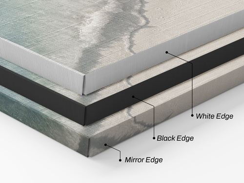 Layered wrapped canvas prints showing white, black, and mirror edge options.