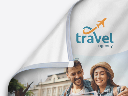 Material and printing of SEG fabric display for a travel agency featuring a happy couple with hats exploring city together.