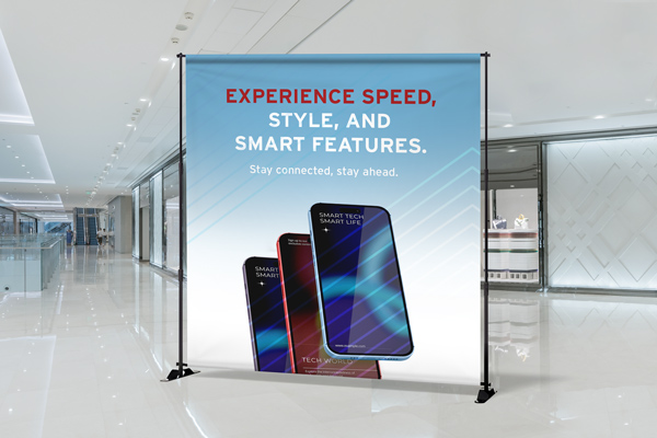 A step and repeat banner showcasing a set of products along with their selling points.