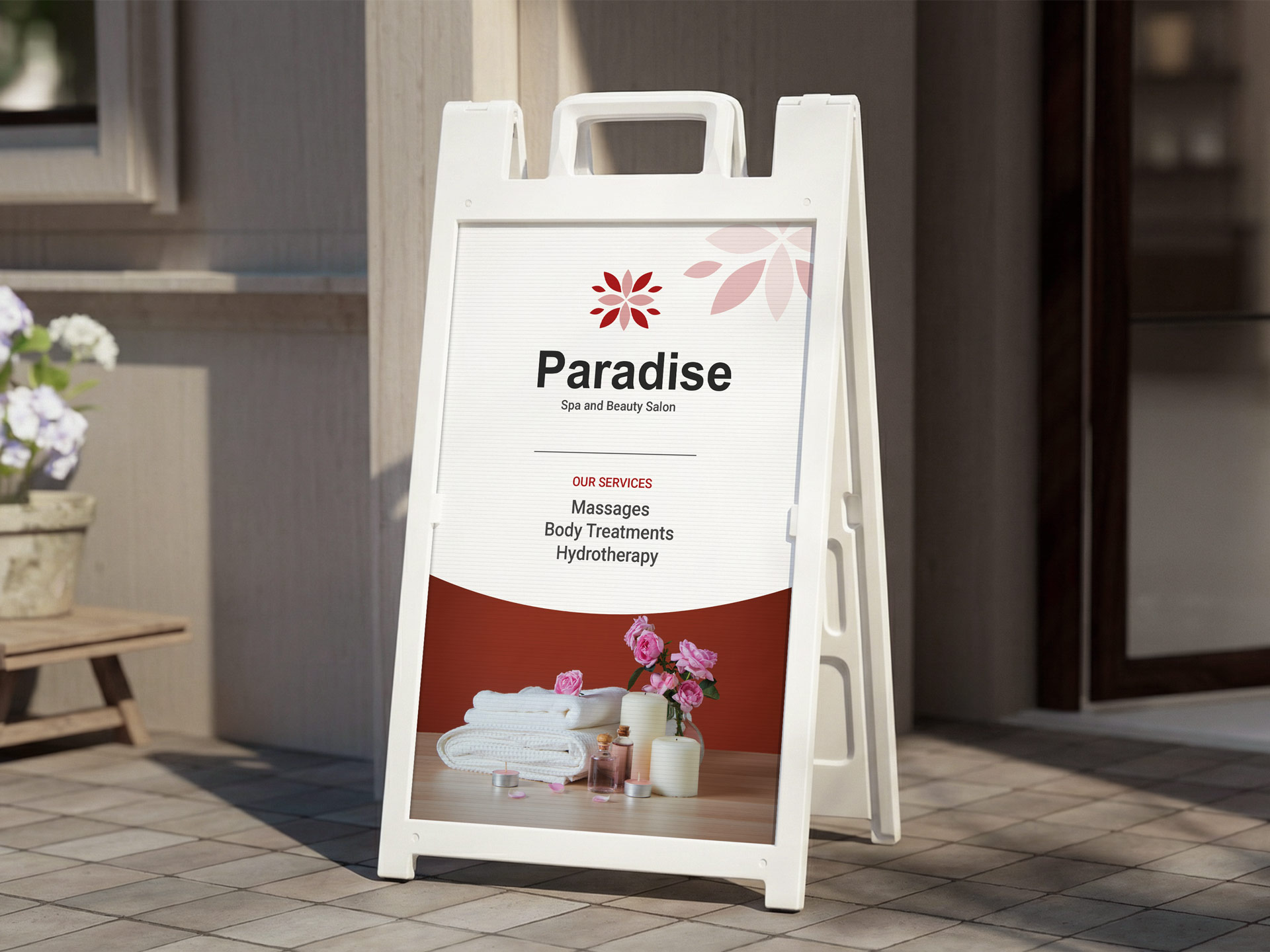 A white A-frame sidewalk sign with a promotional poster listing salon services.