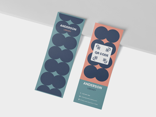 Two modern bookmarks with geometric designs, QR code, and Anderson Library branding.