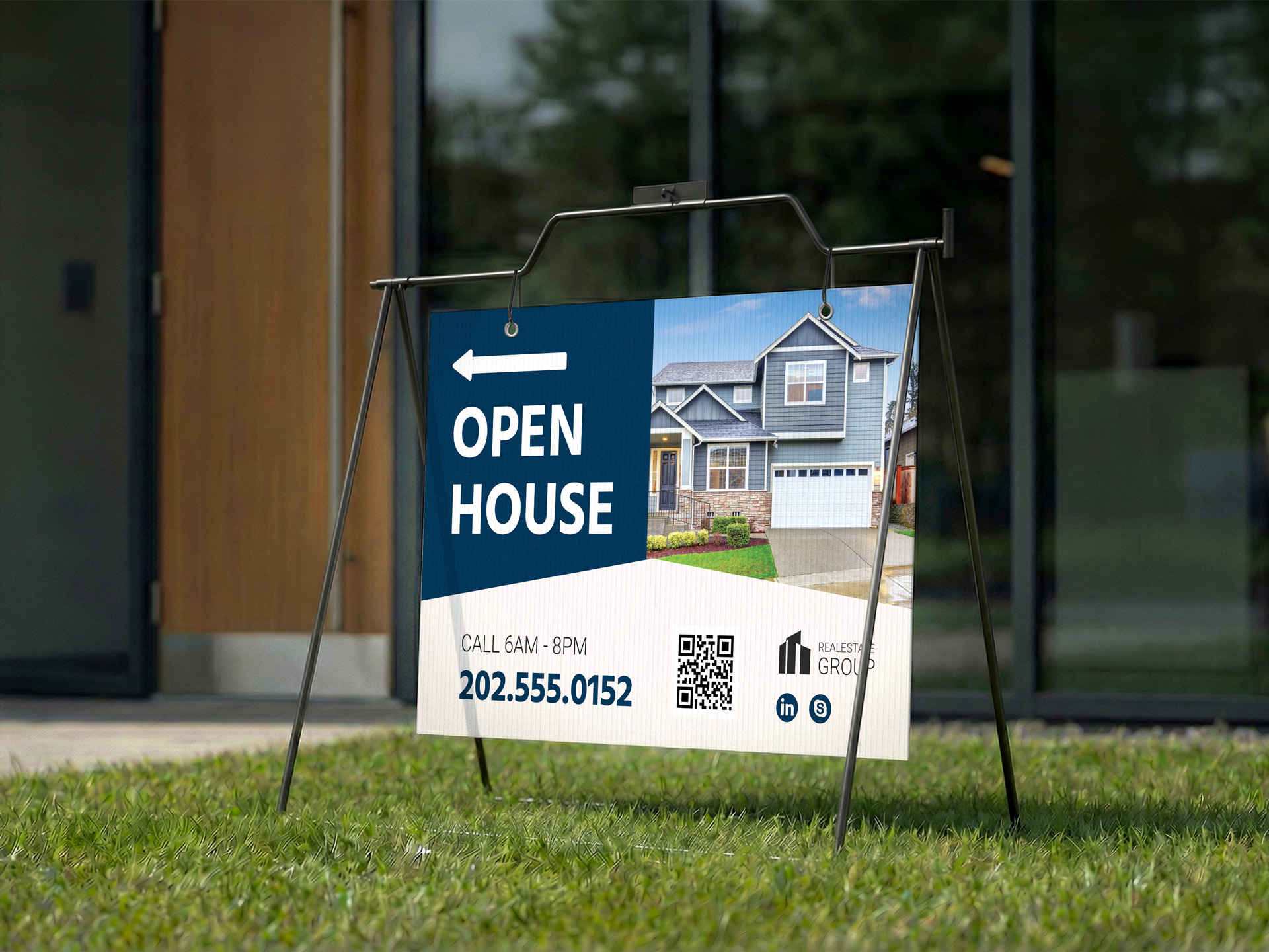 Open house sign with house photo
