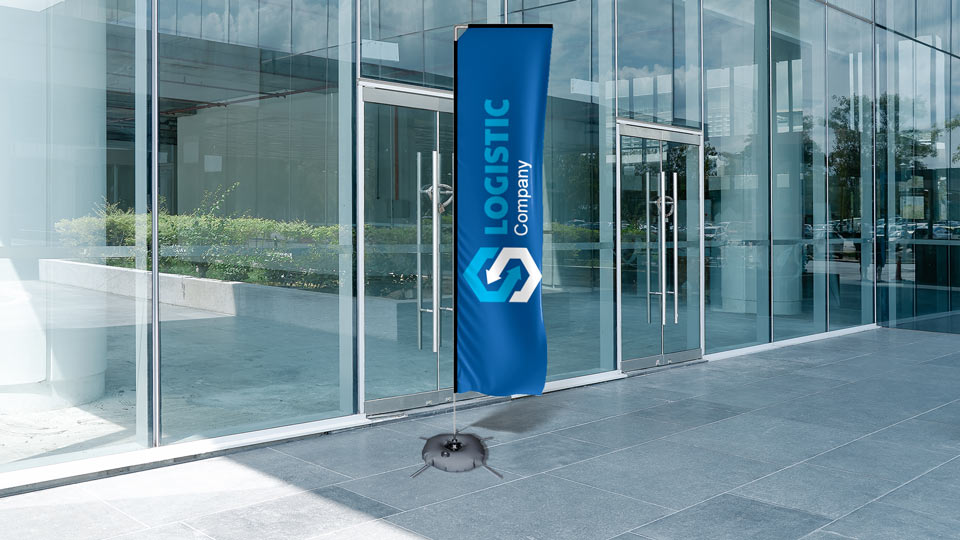 Logistic Company rectangle flag banner with a blue logo installed outdoors.