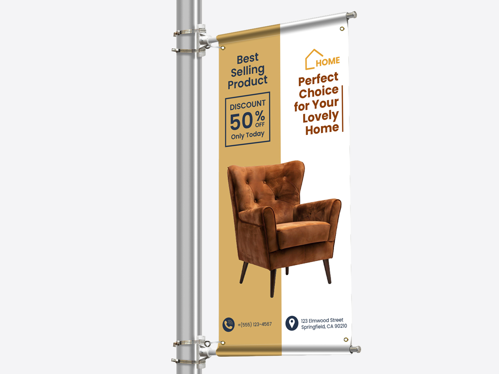 Retail pole banner promoting home furniture sale with discount.