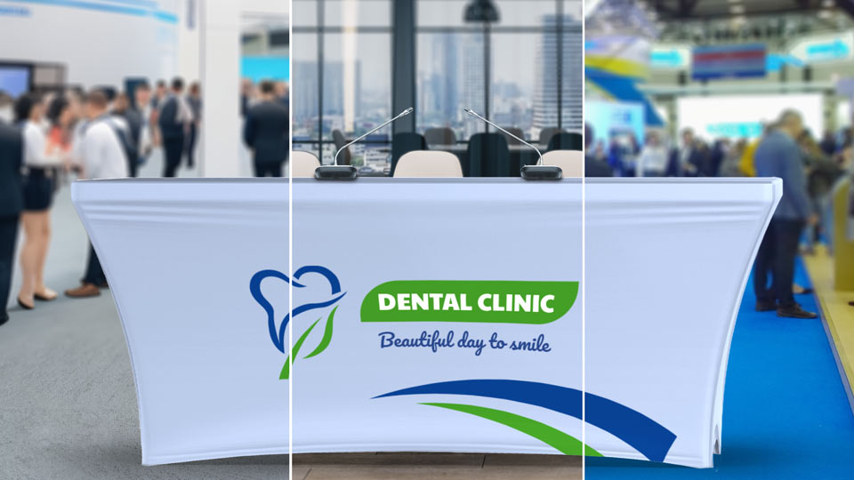 Promotional stretch table cover for a dentistry shown at an expo, job fair and conference.