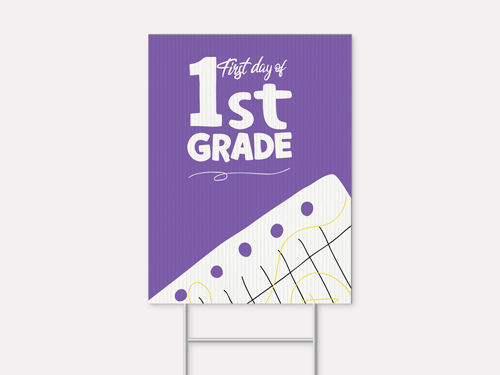 Purple first day of school sign with notebook paper graphics.
