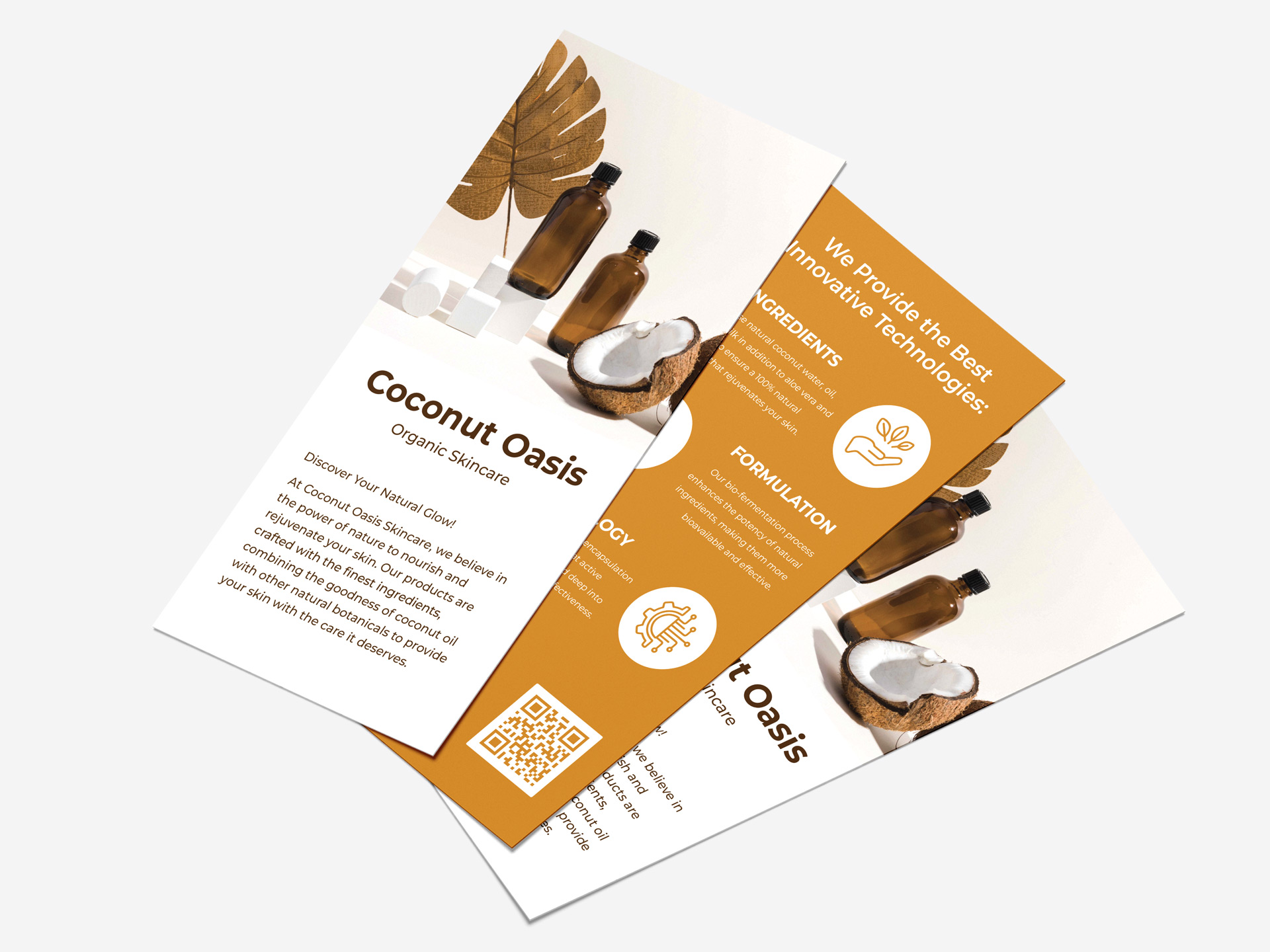Coconut Oasis skincare rack cards featuring product bottles and coconut imagery.