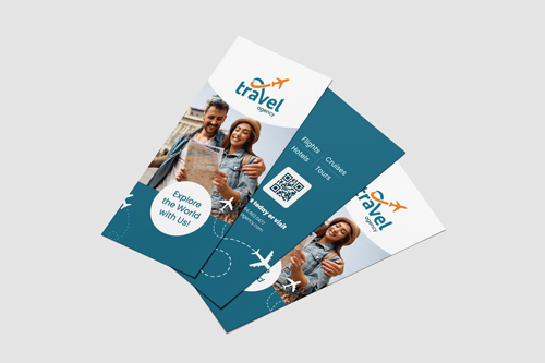 Travel agency rack card with logo and smiling family image promoting vacation packages.