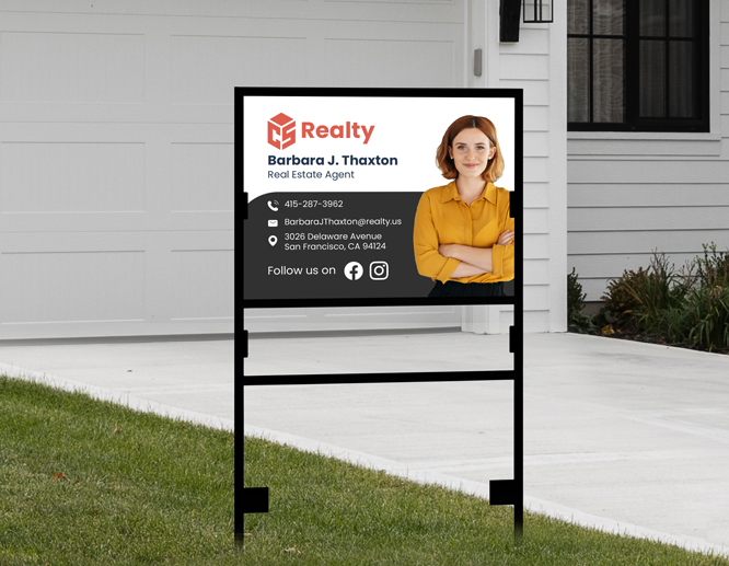 Elegant Home For Sale real estate sign showcasing a realty agent's portrait.