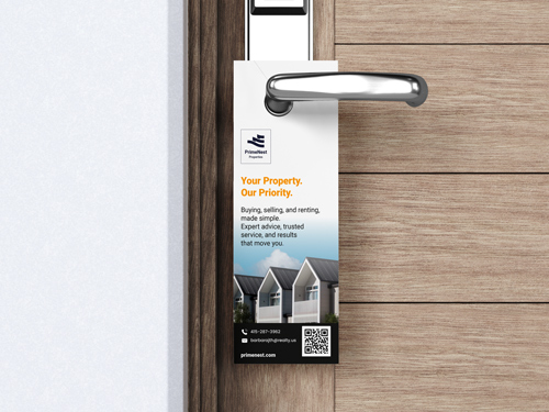 Real Estate door hanger featuring an image of houses and reading Your Property, Your Priority.
