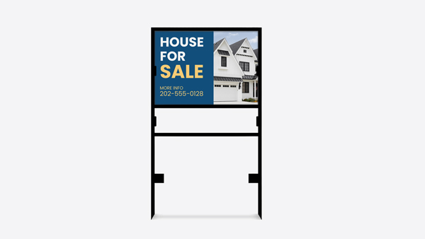 Blue real estate frame sign reading House For Sale and contact details.