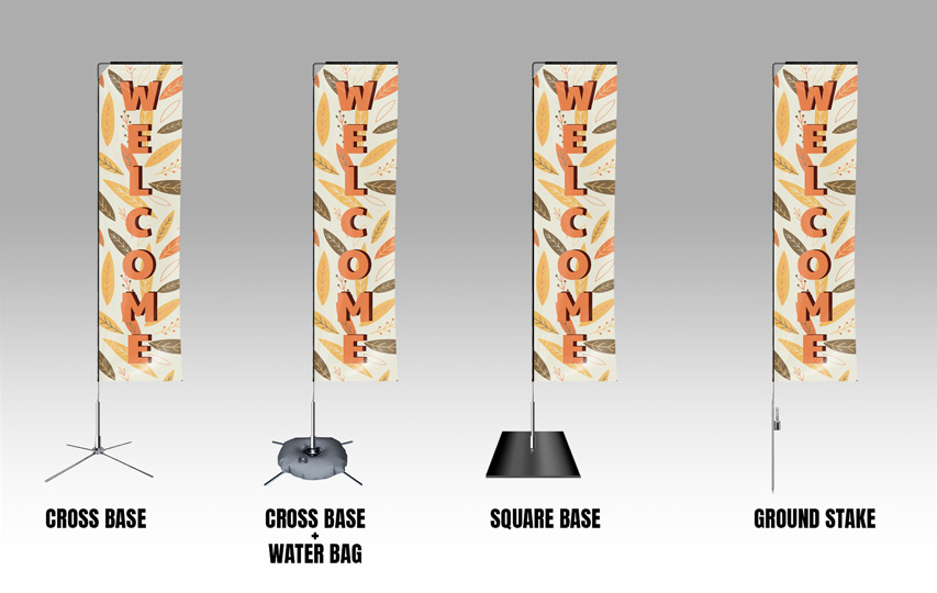 Welcome rectangle flags in medium size and with different construction bases