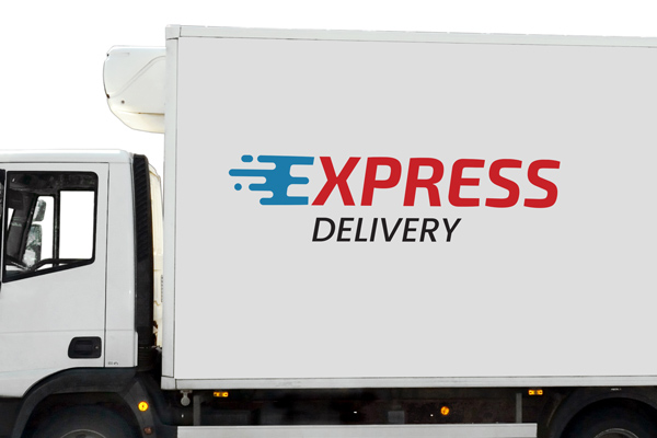 A blue, red, and black trailer lettering decal for a delivery company's fleet branding.