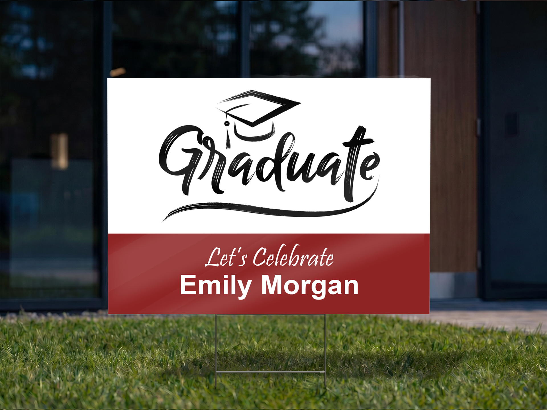 A celebratory reflective coroplast sign for a graduation party