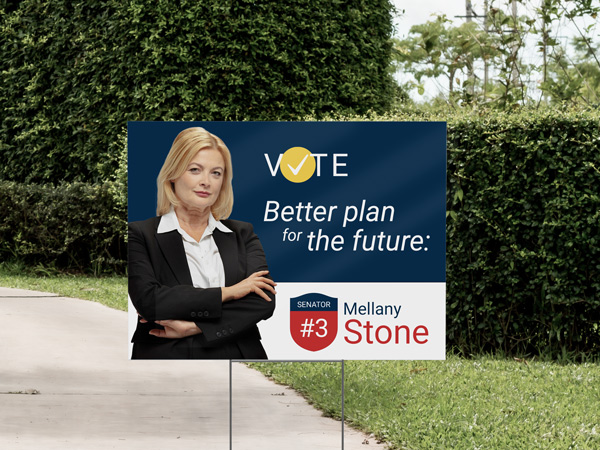 An informative reflective coroplast sign for political campaigns urging people to vote.