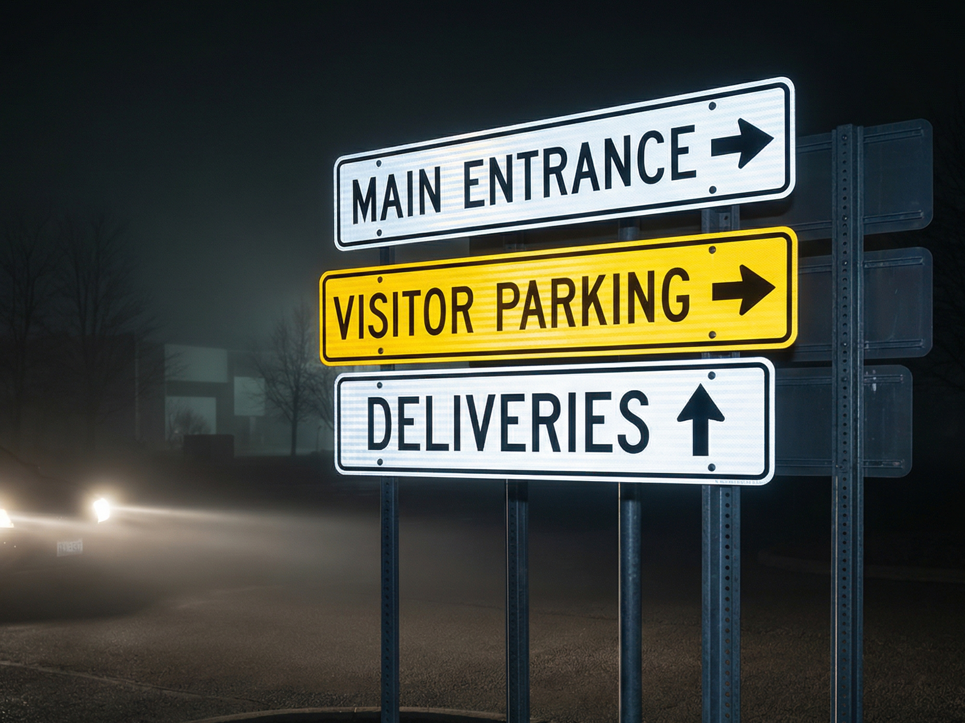 Reflective directional sign for entrance, parking, deliveries