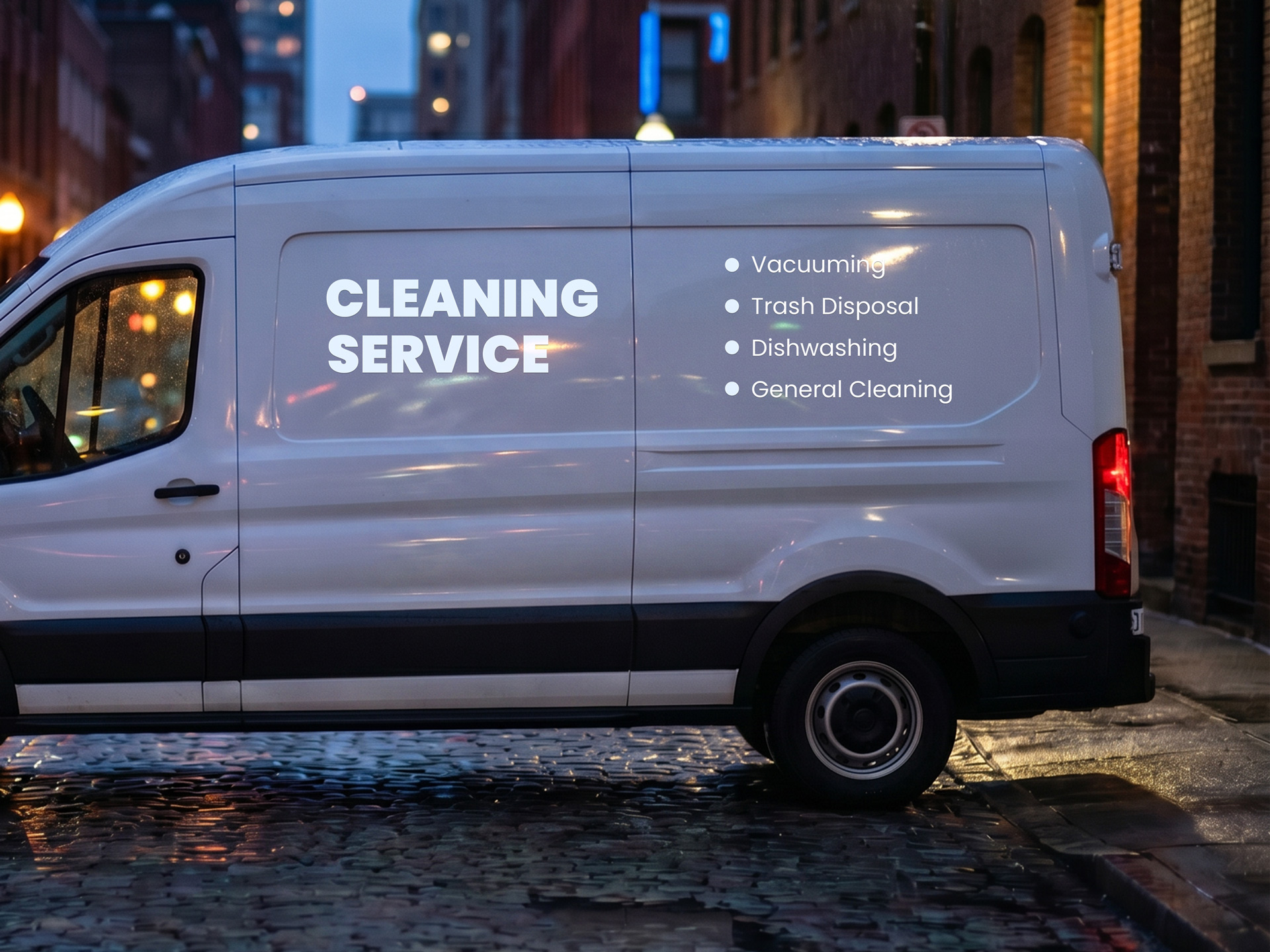 White reflective lettering displaying cleaning services on a van