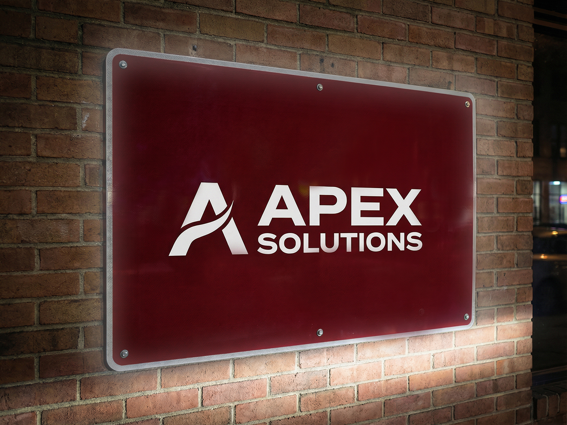 Reflective maroon Apex Solutions business sign
