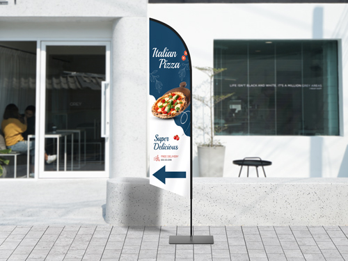 An Italian restaurant advertisement on a feather flag showcasing a pizza and an arrow to guide diners to the venue.