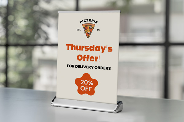Thursday's Offer tabletop retractable banner advertising a promotional deal for a pizzeria.