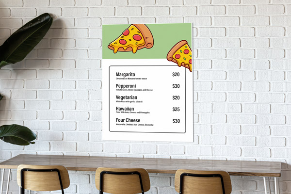 A wall-mounted PVC board menu placed over a bar and bar stools in a restaurant.