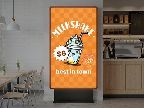 Orange milkshake backlit decal showing cartoon drink cup with a promotion text.