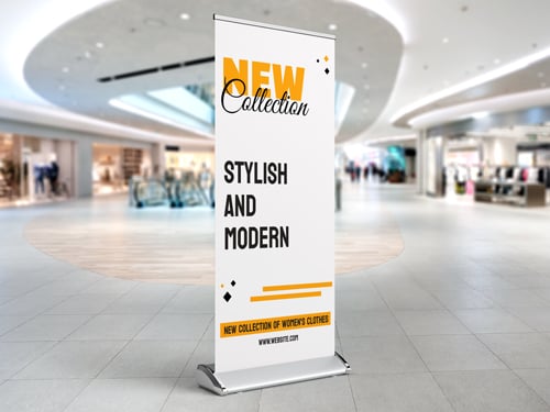 Retail marketing roll-up banner advertising a new clothing collection with modern design and bold typography.
