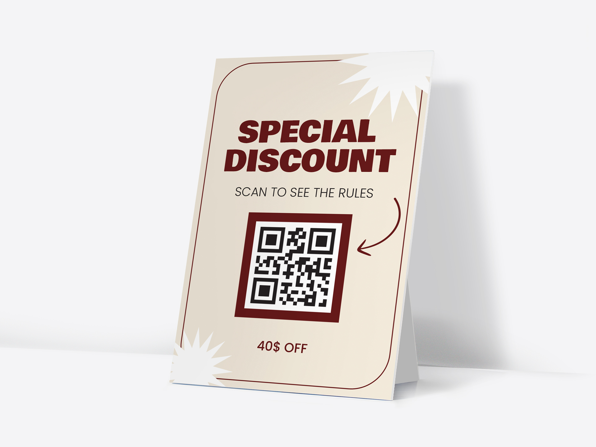 Retail counter card displaying special discount with QR code for promotions.