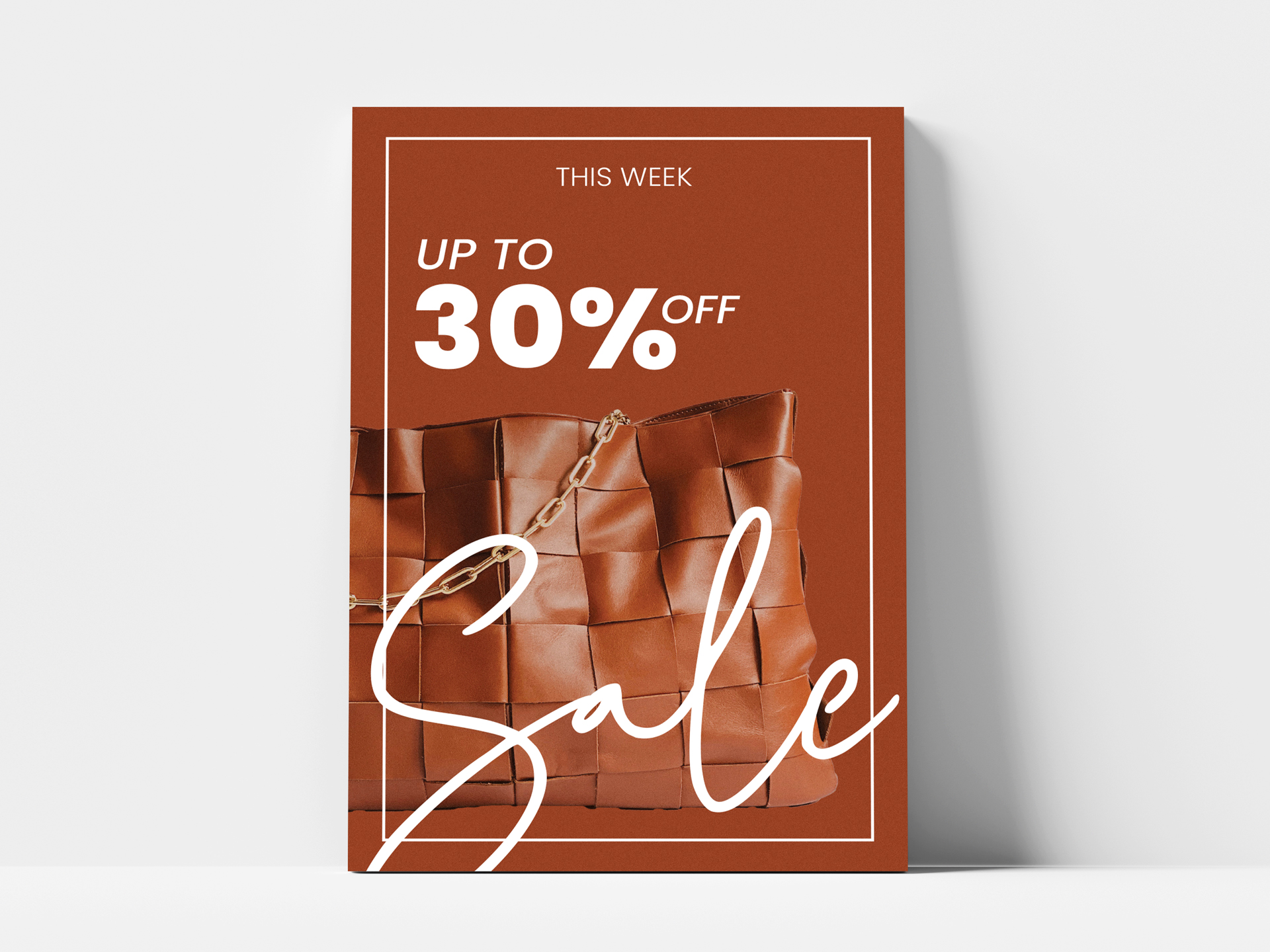 Retail foam board sale sign advertising up to 30 percent discount.