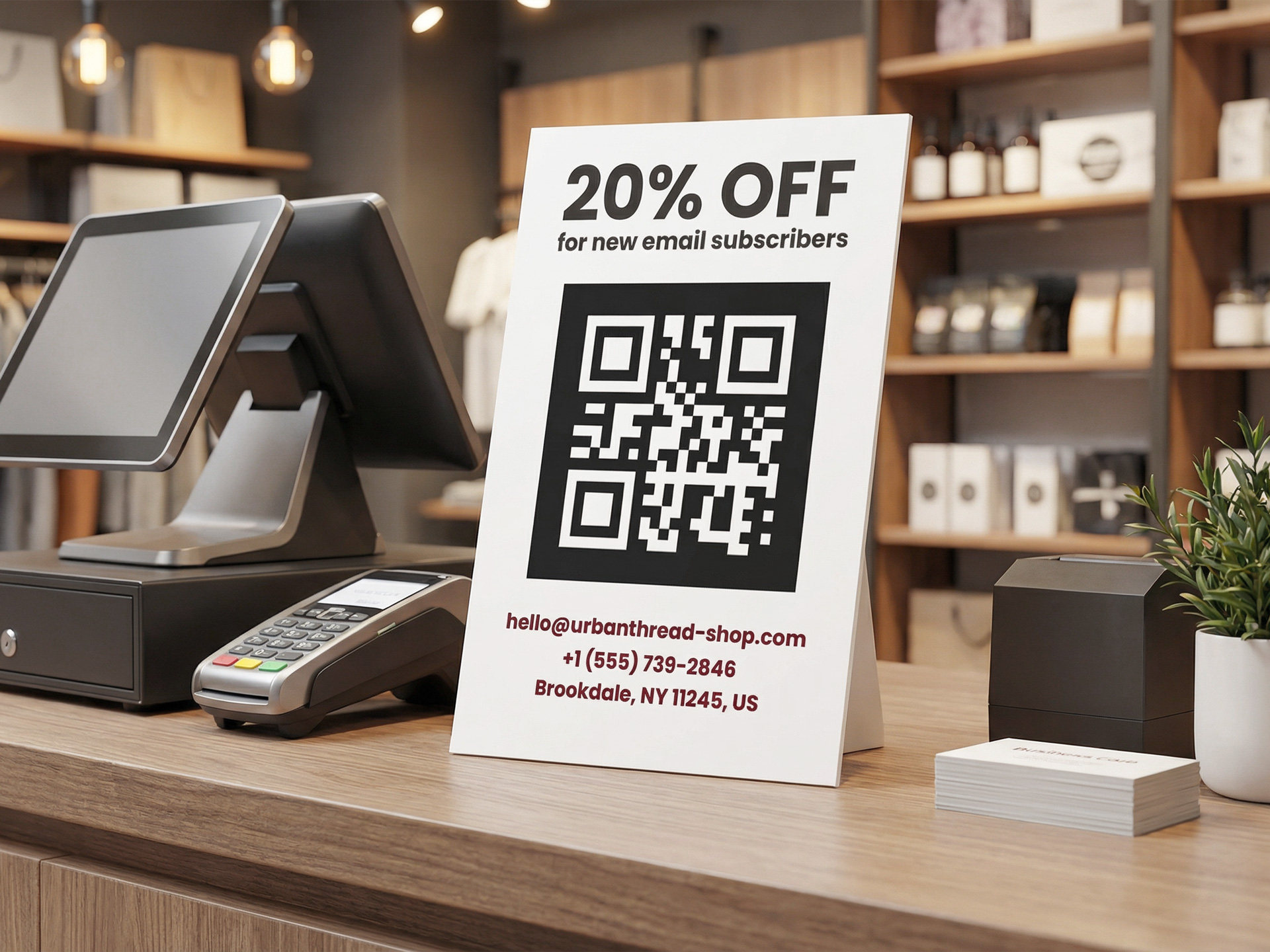 20% OFF promotional counter card with QR code for email subscribers.