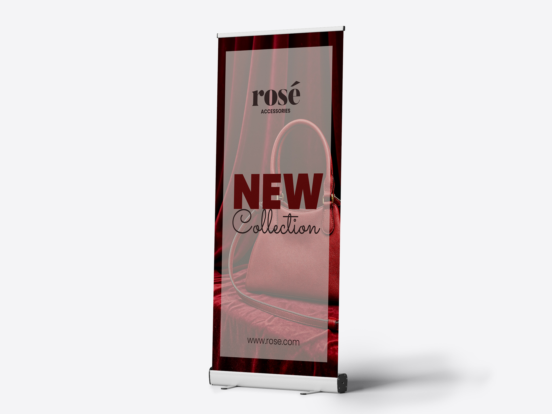 Roll-up retail banner showcasing new fashion accessories collection in store.