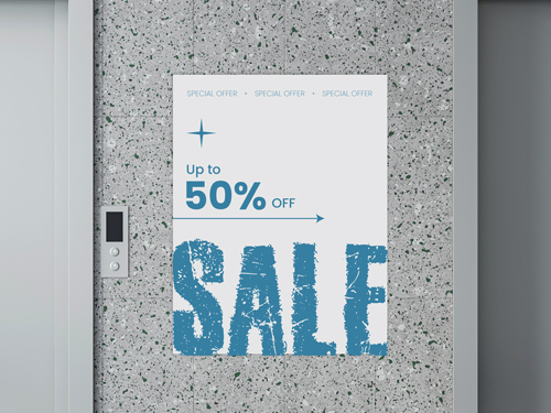 A retail space styrene poster reading Up to 50% Sale in blue.