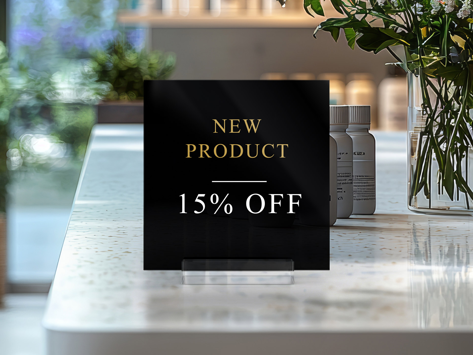 Retail store acrylic table sign in black displaying the discount for a new product.
