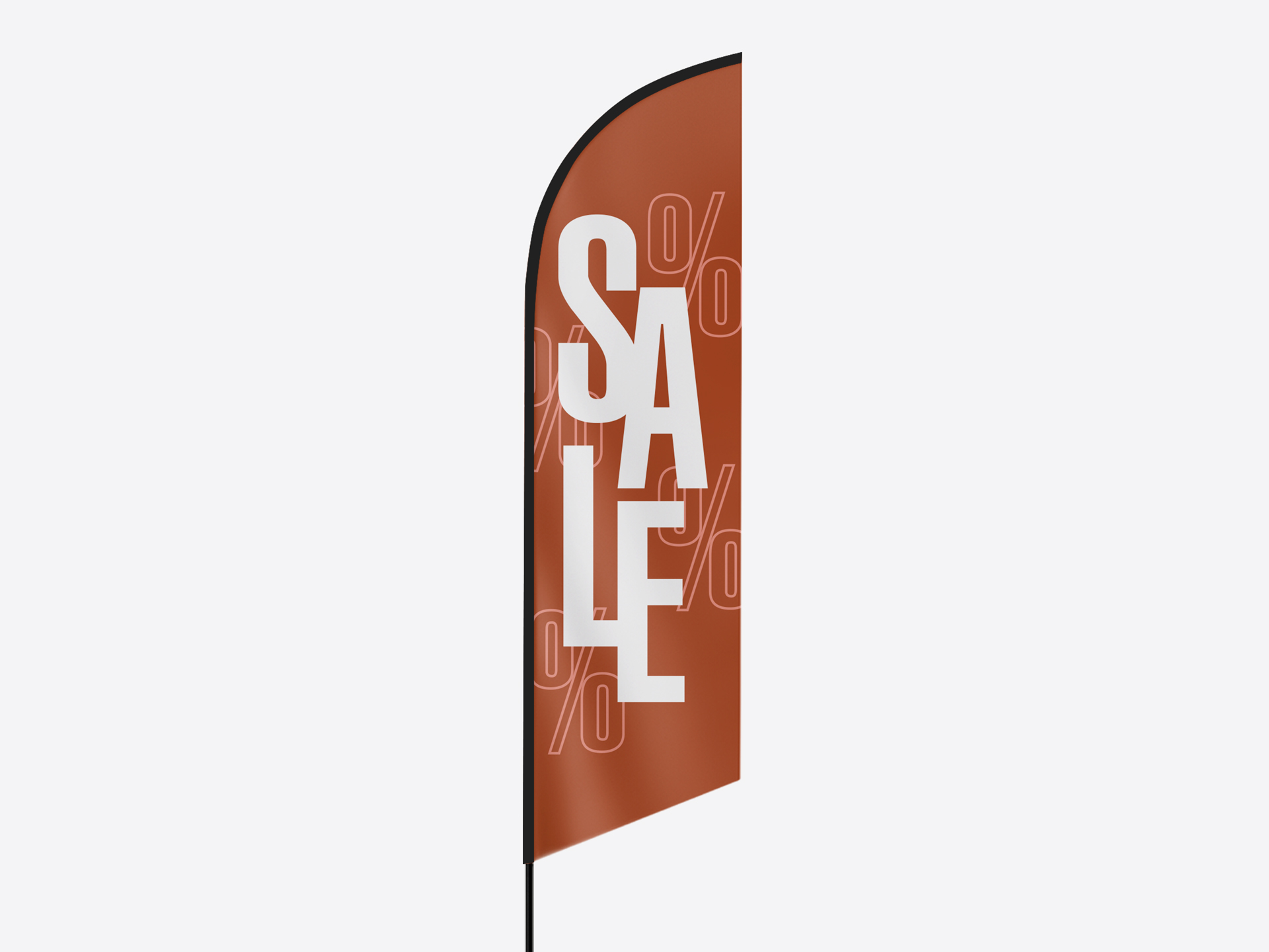 Retail feather flag advertising sale with bold vertical promotional design.