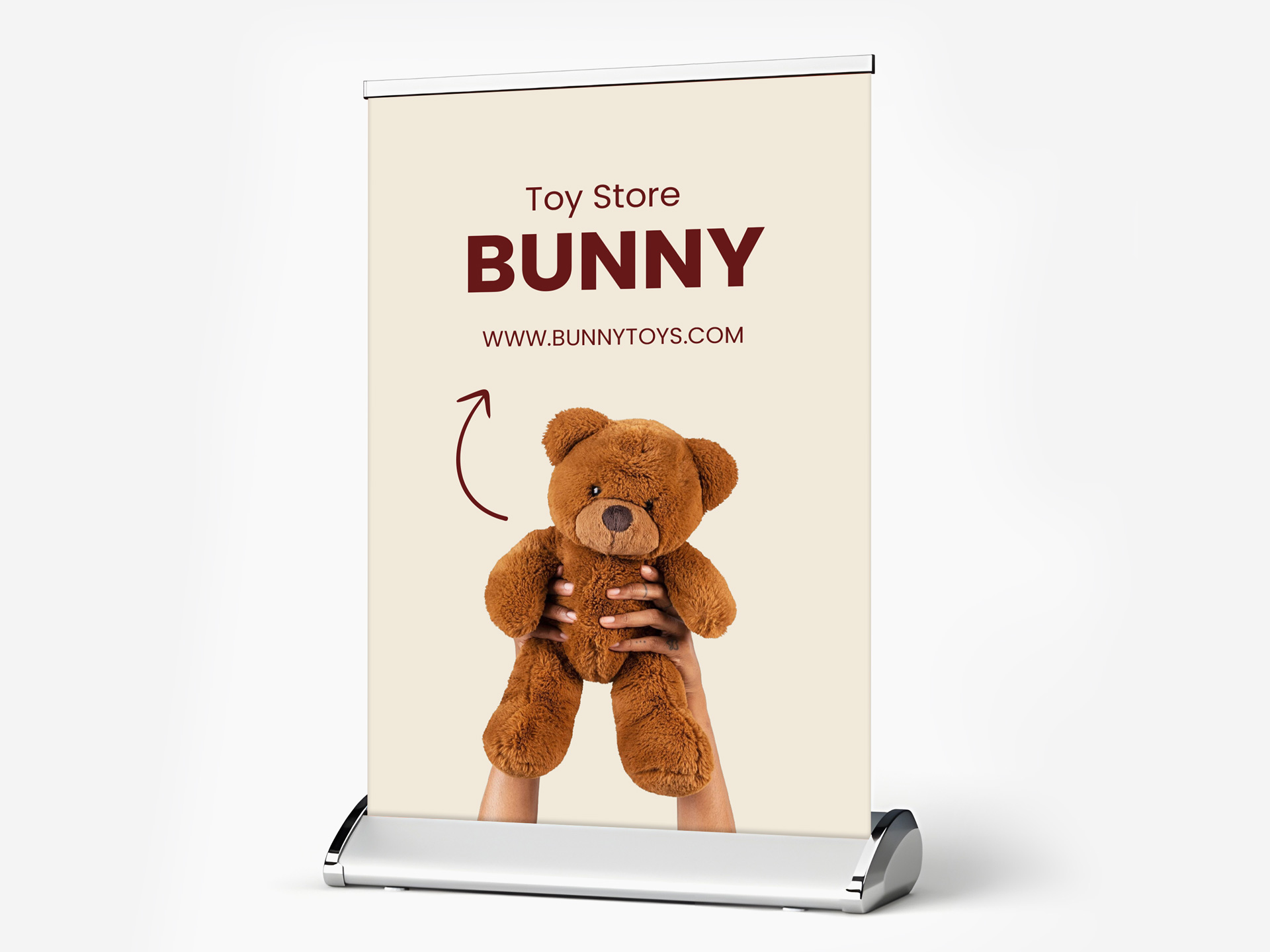 Tabletop retractable banner promoting toy store.