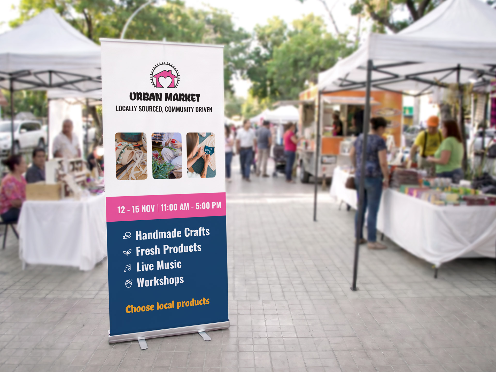 Open air market promotional pull up banners listing offered products