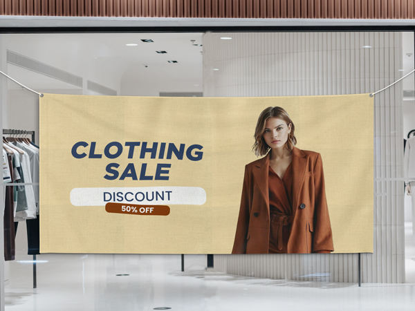 Clothing sale rolled canvas prints featuring woman in brown blazer with 50% off discount.