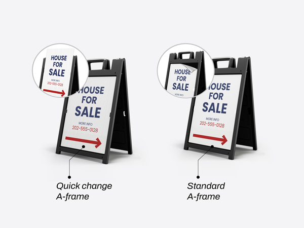Standard and quick change A-frame sign types with graphics reading "House for Sale" on a white background.