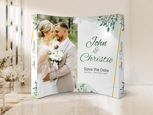 Save the date curved pop up display with wedding couple photo