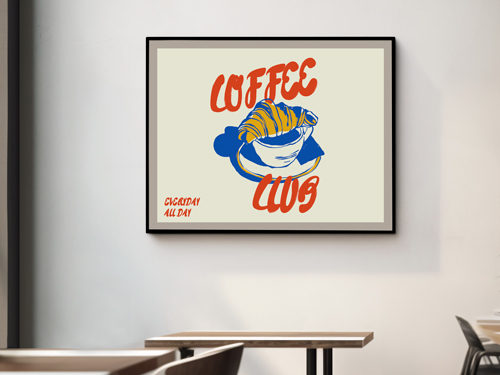 Vintage coffee club SEG wall art for cafes with retro cup design.