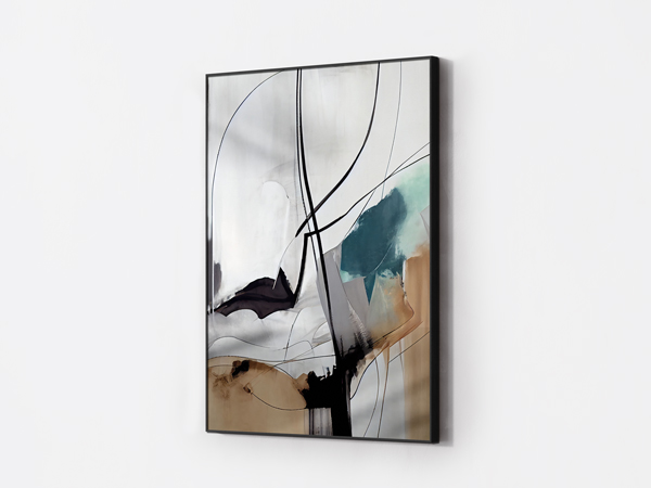 Abstract SEG wall art with black lines and teal brown accents.