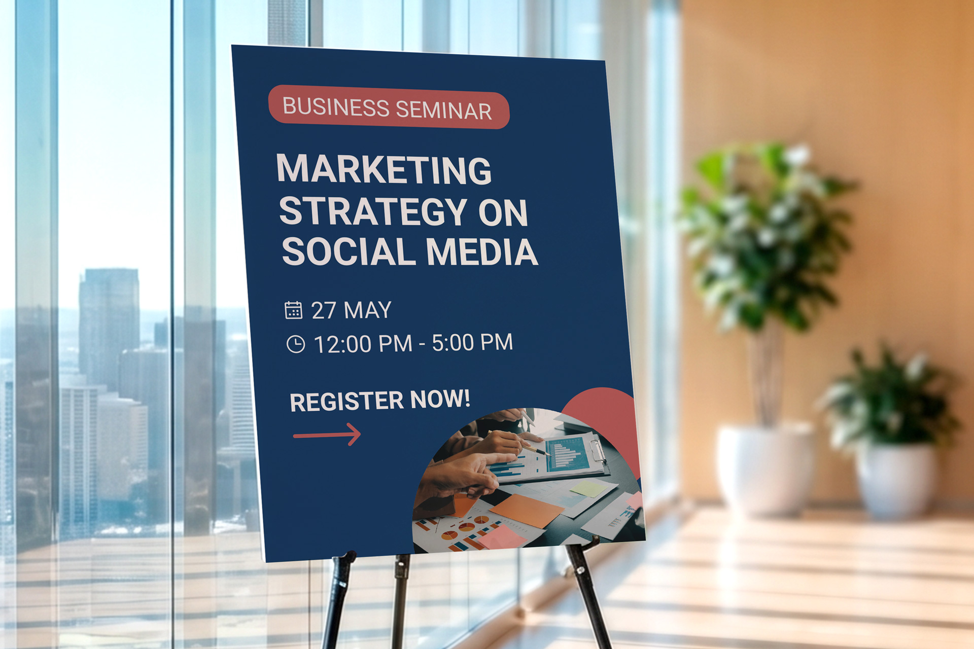 Seminar foam board sign on an easel advertising an SMM strategy